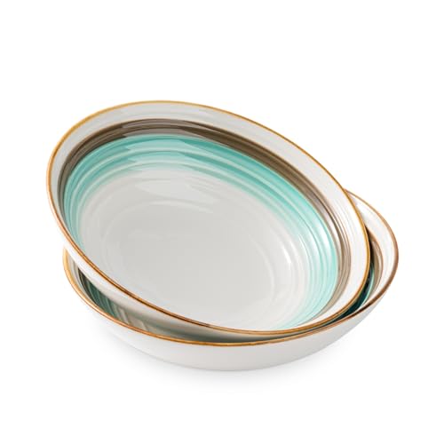 Chralji 7.5“ Pasta Bowl Set of 4 28Oz Soup Bowl Salad Bowl Ramen Bowl Hand Painted (Green) (Turquoise)