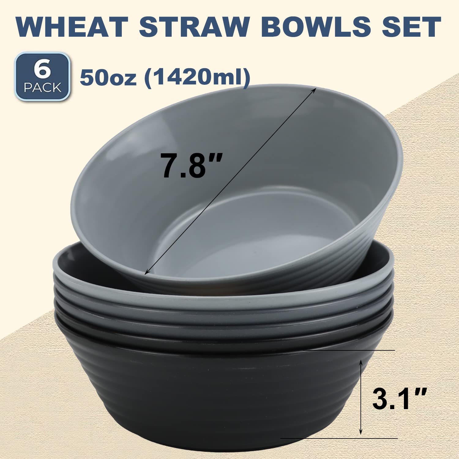 Wrova Wheat Straw Bowl Sets,6 PCS Unbreakable Cereal Bowl 50 OZ，Microwave and Dishwasher Safe Bowls,Super Big Bowl Sets BPA Free Eco Friendly Bowl for Serving Cereal,Oatmeal and Salad (Classic Series)