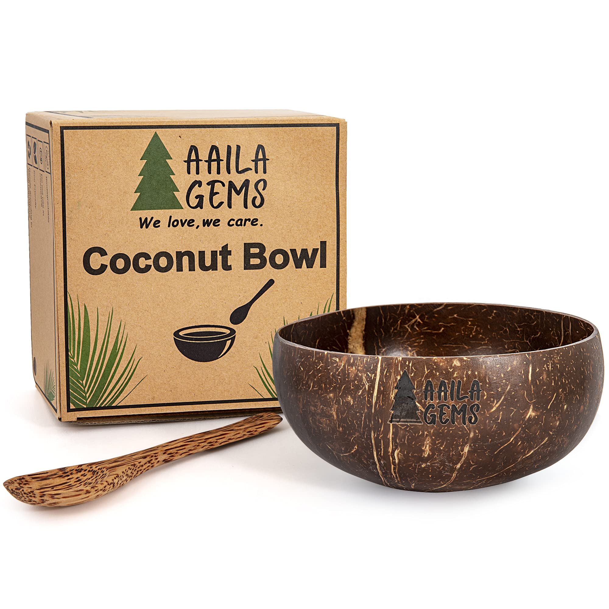 Aaila Gems Coconut Bowl and Wooden Spoon Set- Vegan Organic Salad Soup Smoothie Bowl for Gift - Polished Buddha Bowl for Kitchen Utensils, Dark Brown, 5×2.55 (coco-2)