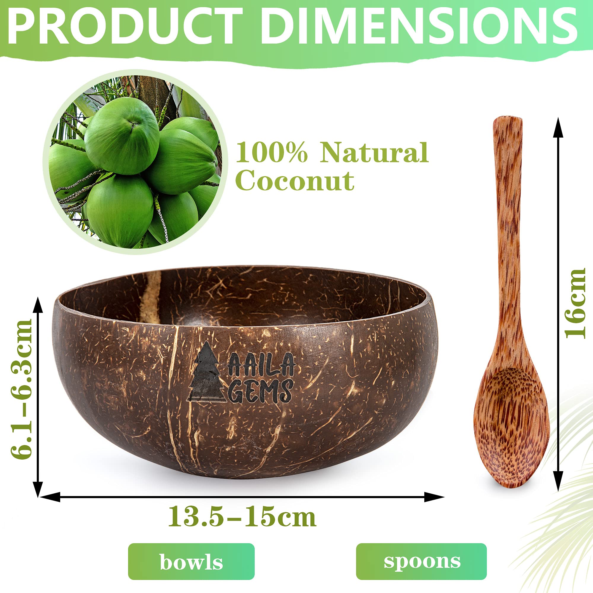 Aaila Gems Coconut Bowl and Wooden Spoon Set- Vegan Organic Salad Soup Smoothie Bowl for Gift - Polished Buddha Bowl for Kitchen Utensils, Dark Brown, 5×2.55 (coco-2)