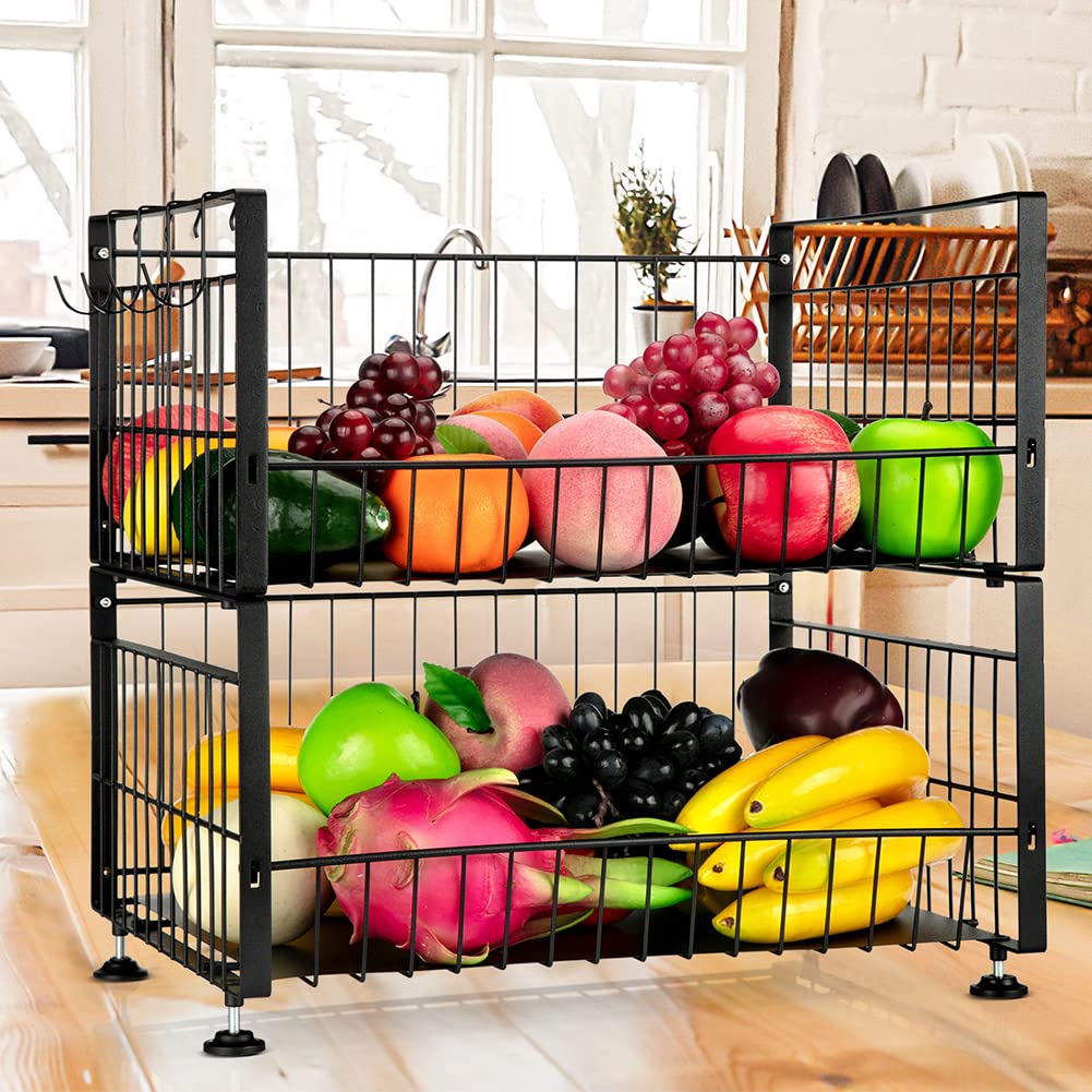 Fashionwu 2 Tier Detachable Fruit Basket with 4 Banana Hanger, Fruit Bowl for Kitchen Counter, Hanging Fruit Basket Kitchen Essentials Metal Wire Basket, Black