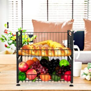 Fashionwu 2 Tier Detachable Fruit Basket with 4 Banana Hanger, Fruit Bowl for Kitchen Counter, Hanging Fruit Basket Kitchen Essentials Metal Wire Basket, Black