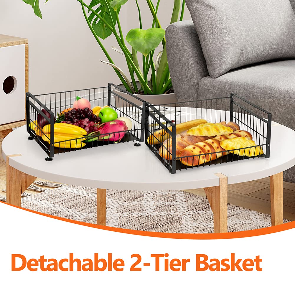 Fashionwu 2 Tier Detachable Fruit Basket with 4 Banana Hanger, Fruit Bowl for Kitchen Counter, Hanging Fruit Basket Kitchen Essentials Metal Wire Basket, Black