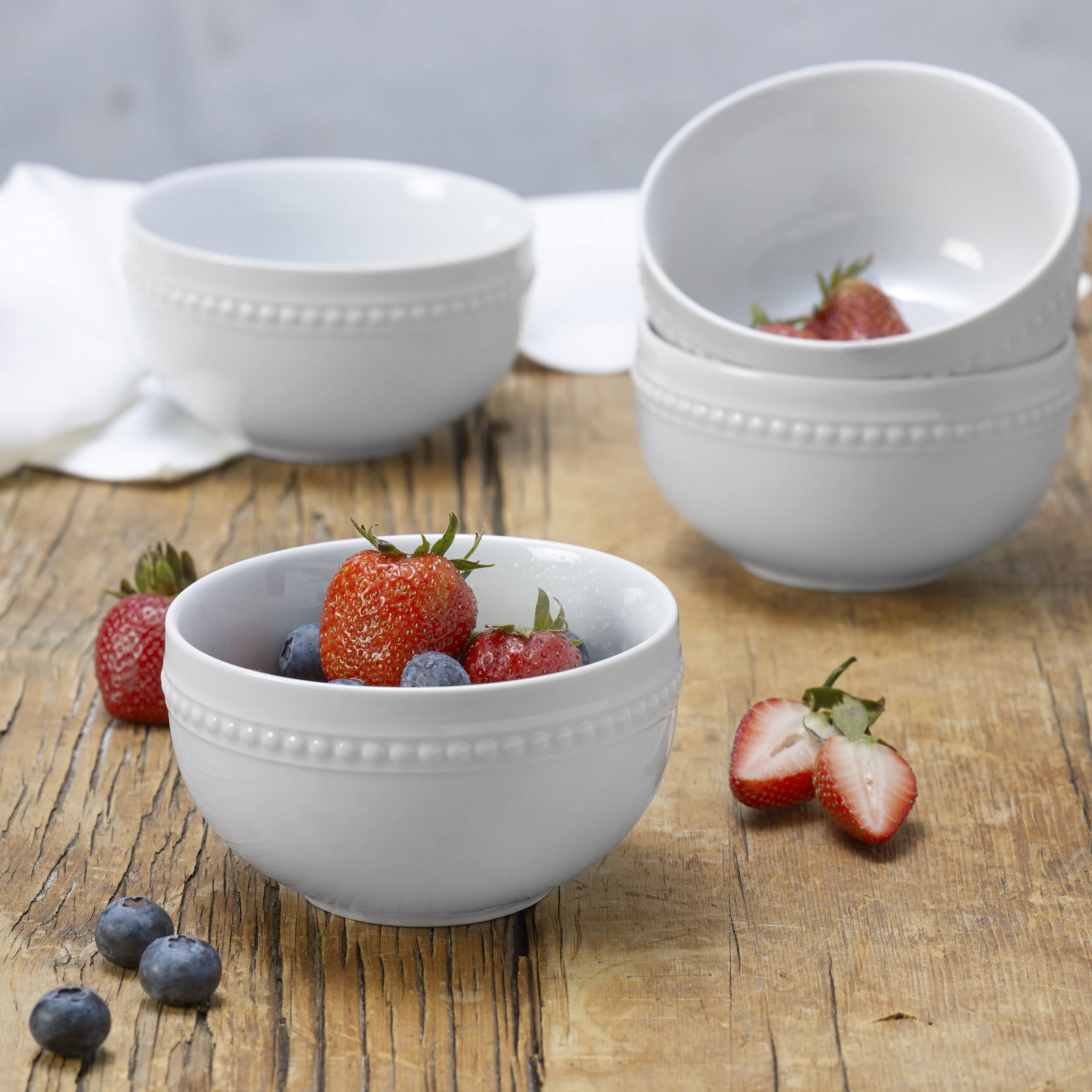 Everyday White by Fitz and Floyd Beaded Small Fruit Dessert Bowls, White, Set of 4