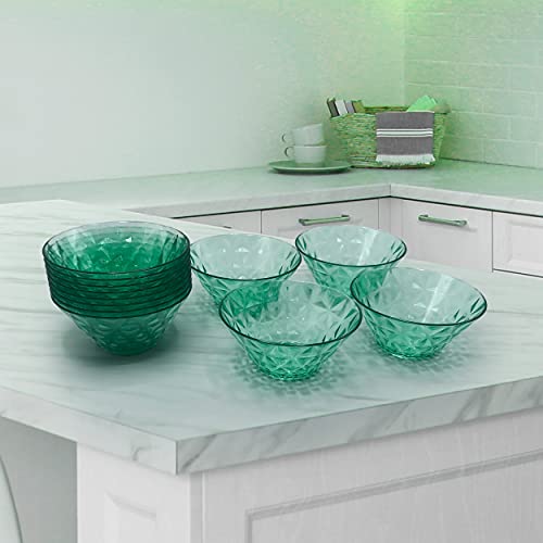 Plasvale - Set of 12 Colorful Durable Plastic Dessert Bowls (8 fl oz) - Crystal Line - Dishwasher Safe - BPA Free (Green)