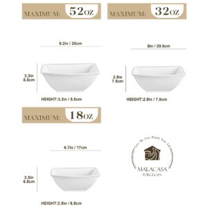 MALACASA Large Salad Bowls, Ivory White Square Serving Bowls Set of 3 (52/32/18 OZ), Mixing Bowls for Kitchen, Bowls Set for Soup, Pasta and Dinner, Dishwasher & Oven Safe, Series BLANCE