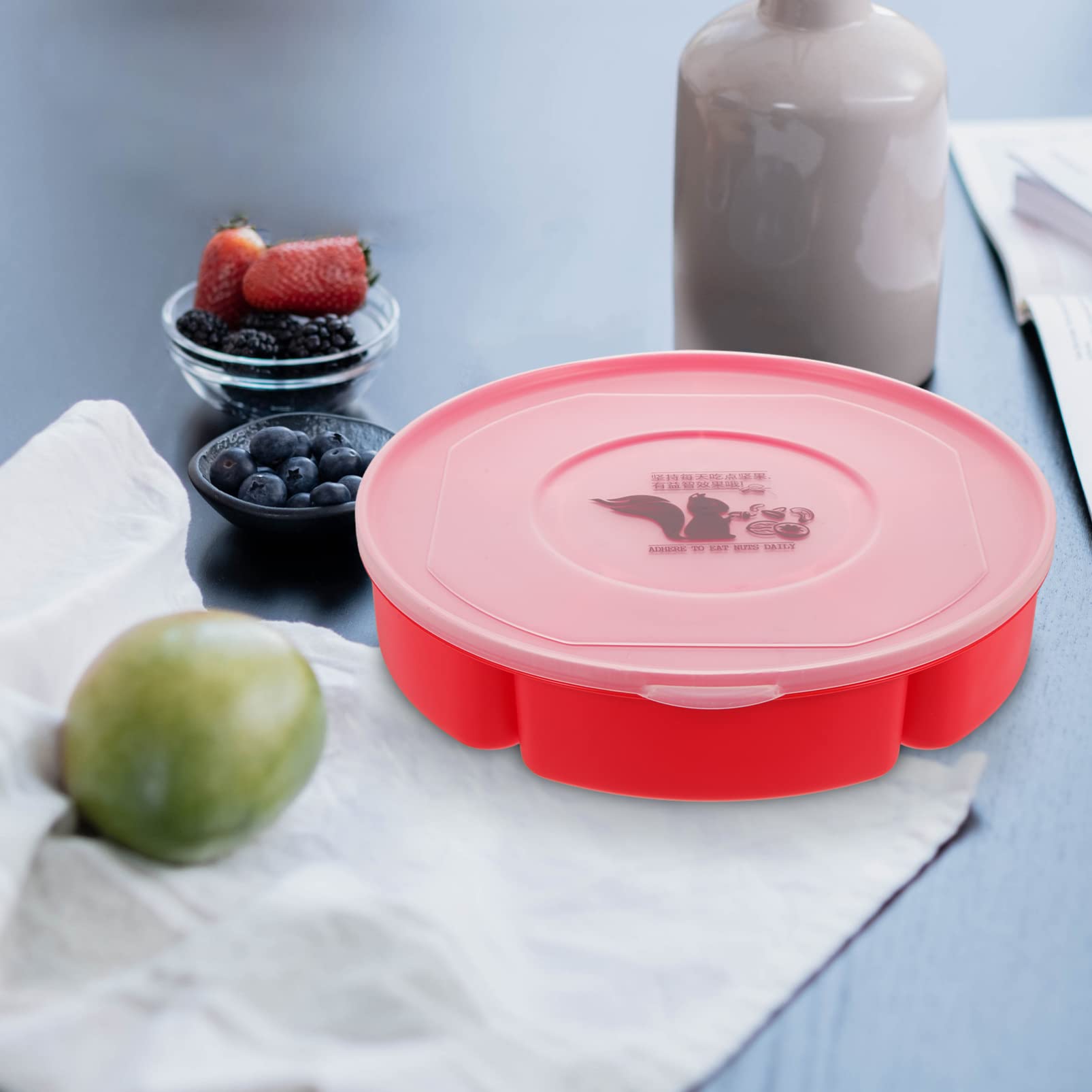 DOITOOL Candy and Nut Serving Container Divided Food Tray Snacks Plate Plastic Snack Serving Tray with Lid 6 Compartment Round Appetizer Food Organizer Red