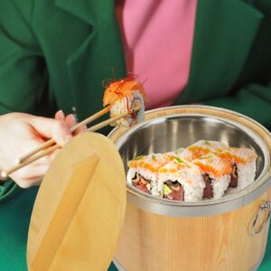 Hemoton Sushi Rice Cooling Bowl Wooden Rice Bucket Wooden Hangiri Sushi Rice Mixing Tub with Lid Stainless Steel Rice Warmer Japanese Rice Cooking Tub