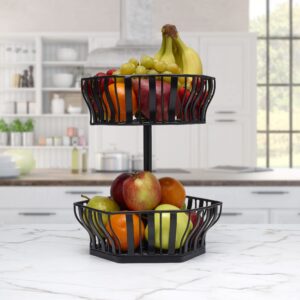 Gourmet Basics by Mikasa Hex 2 Tiered Fruit Basket, 12.5 Inch, Black