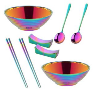 meiishaaa ramen noodle bowl, 2 set (8pcs) stainless steel japanese style soup bowls and spoons set with chopsticks & chopsticks holders for udon soba pho asian noodles, rainbow