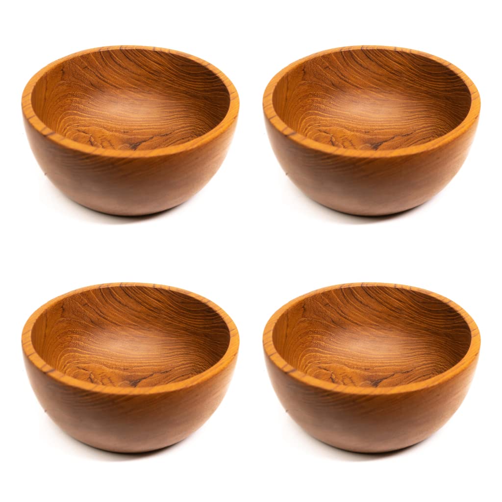 Rainforest Bowls Set of 4 7" Large Classic Javanese Teak Wood Bowls- Perfect for Everyday Use, Hot & Cold Friendly, Ultra-Durable- Premium Solid Wooden Bowls Handcrafted by Indonesian Artisans