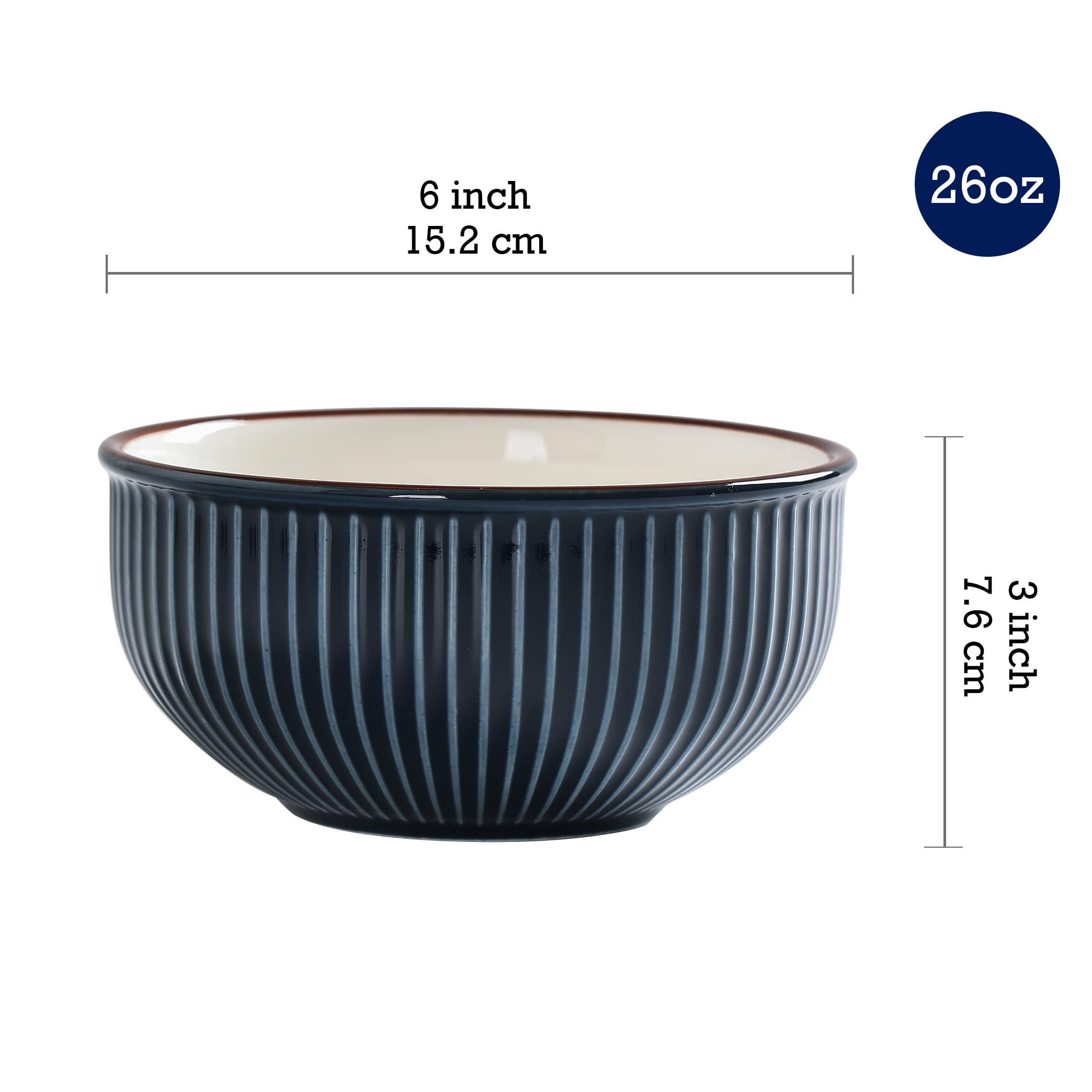 Bico Helios Blue 26oz Cereal Bowls, Set of 4, for Pasta, Salad, Cereal, Soup & Microwave & Dishwasher Safe