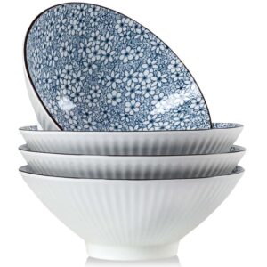 qinlang 38 oz japanese ramen bowls, cereal bowls, soup bowls, pho bowls, noodle bowls, 8 in blue and white ceramic bowls set of 4, floral pattern