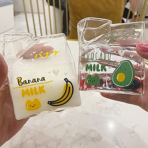 380ml Kawaii Milk Glass Cup Creative Square Clear Milk Carton Water Bottle Wholesale Cute Fruit Heat Resistant Breakfast Cups (Avocado, 300-400ml)