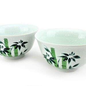 2 Piece Large Japanese Noodle Bowl Set ~ 41 Ounce Porcelain Ramen Noodle Bowls Hand-Painted Green Bamboo for Ramen Noodle Salad Udon Soba Pho Asian Noodles F15746