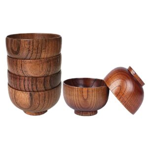 jaquiain 6 pcs wood bowls serving for rice, soup, dip, coffee, tea, decoration wooden salad bowl kitchen cutlery set