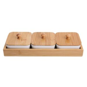 ceramic snack serving tray compartment serving platter with bamboo lid and pallets removable container food storage for appetizer condiments nuts(3 grid)