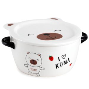 white ceramic bowl with lid and black mini handles, i love kuma bear design dish for noodles, soup, rice, 5 3/4 inches