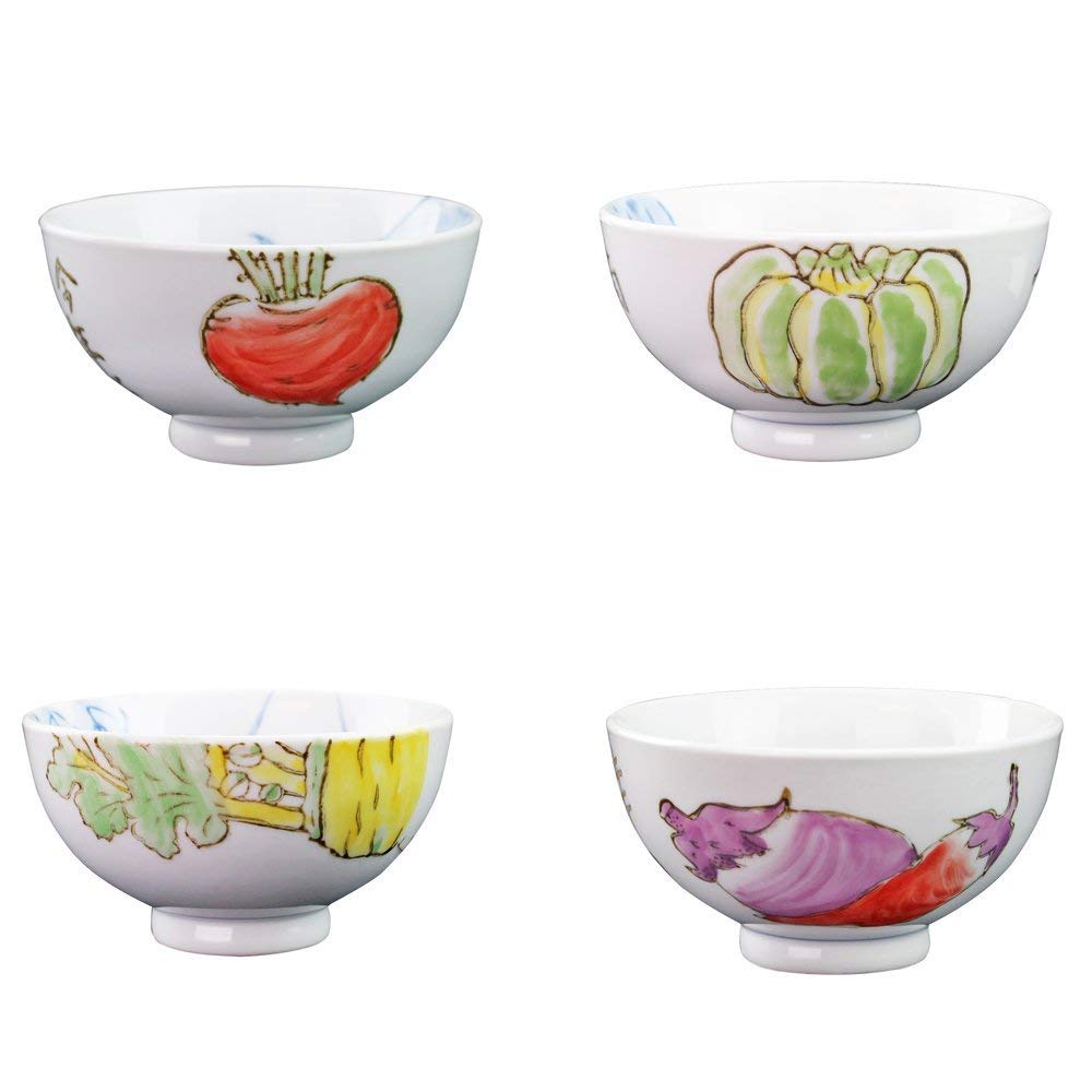 Set of 4 Porcelain Japanese Bowls W Gift Box for Ramen Noodle Udon Noodle Rice Vietnamese Soup Cereal Pho Popcorn Oatmeal (Vegetable)