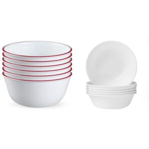 corelle,glass 28oz red band bowl 6pk & cereal bowl set for 6 | 18 ounce reusable soup bowls in winter frost white, dishwasher and microwave safe