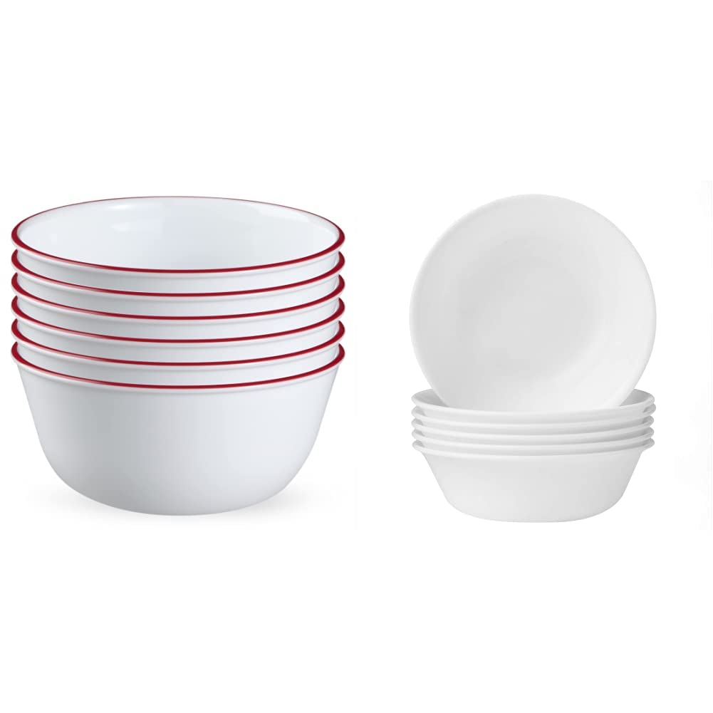 Corelle,Glass 28oz Red Band Bowl 6pk & Cereal Bowl Set for 6 | 18 Ounce Reusable Soup Bowls in Winter Frost White, Dishwasher and Microwave Safe