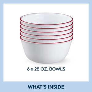 Corelle,Glass 28oz Red Band Bowl 6pk & Cereal Bowl Set for 6 | 18 Ounce Reusable Soup Bowls in Winter Frost White, Dishwasher and Microwave Safe