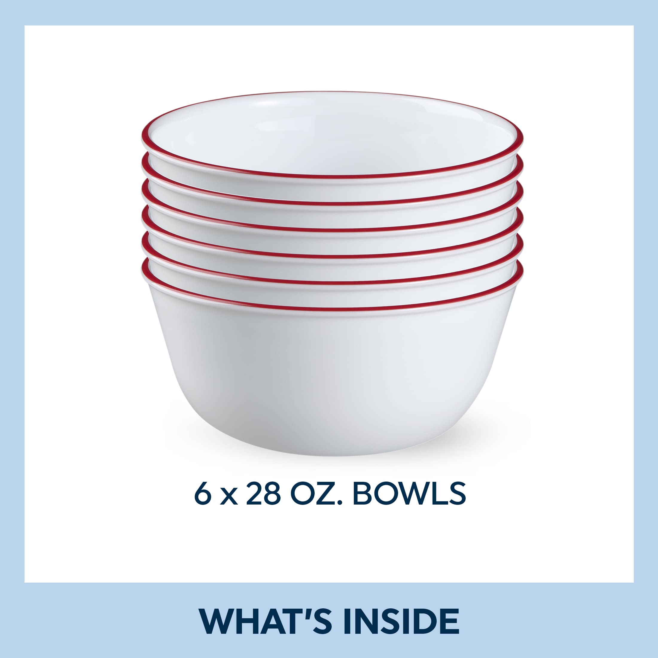 Corelle,Glass 28oz Red Band Bowl 6pk & Cereal Bowl Set for 6 | 18 Ounce Reusable Soup Bowls in Winter Frost White, Dishwasher and Microwave Safe