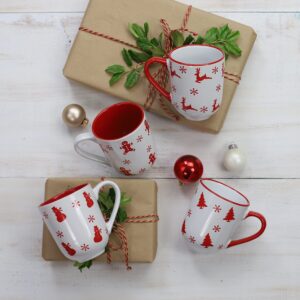 euro ceramica winterfest collection 4 piece mug set | festive assorted parttern | stoneware mugs set |hand-stamped holiday design, red & white assorted holiday patterns| winterfest ngift set