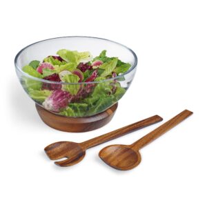 nambe cooper salad bowl with servers | 11 inch salad bowl with serving utensils | made of acacia wood and glass | bowl is dishwasher safe | designed by steve cozzolino