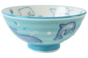 mino ware japanese ceramics kids rice bowl made in japan (japan import) dolphine & whale blue mic014