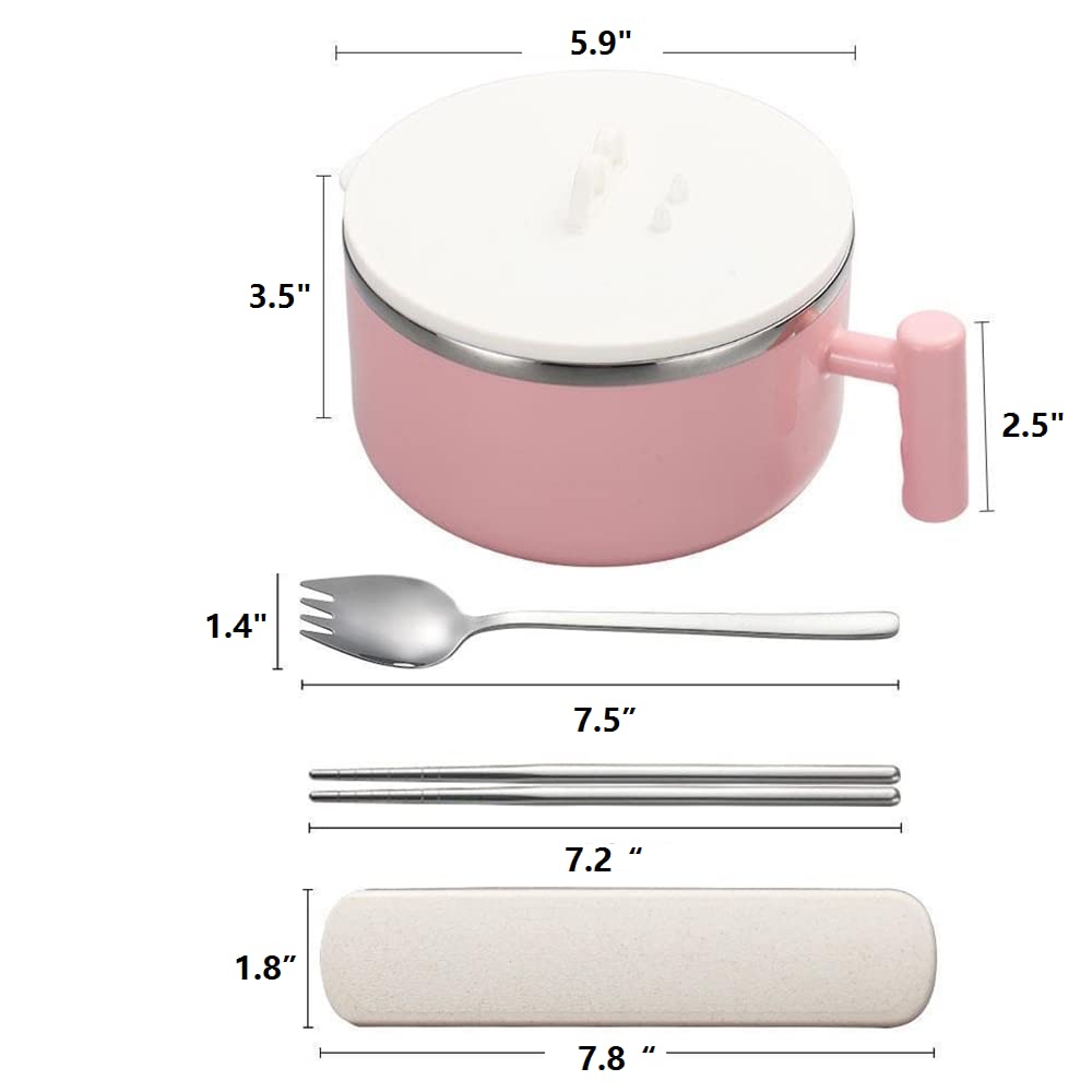 efoot 34oz Stainless Steel Bowls,Insulation Bowls with Lid and Handle Perfect for Rice,Noodles,Salad (Pink)