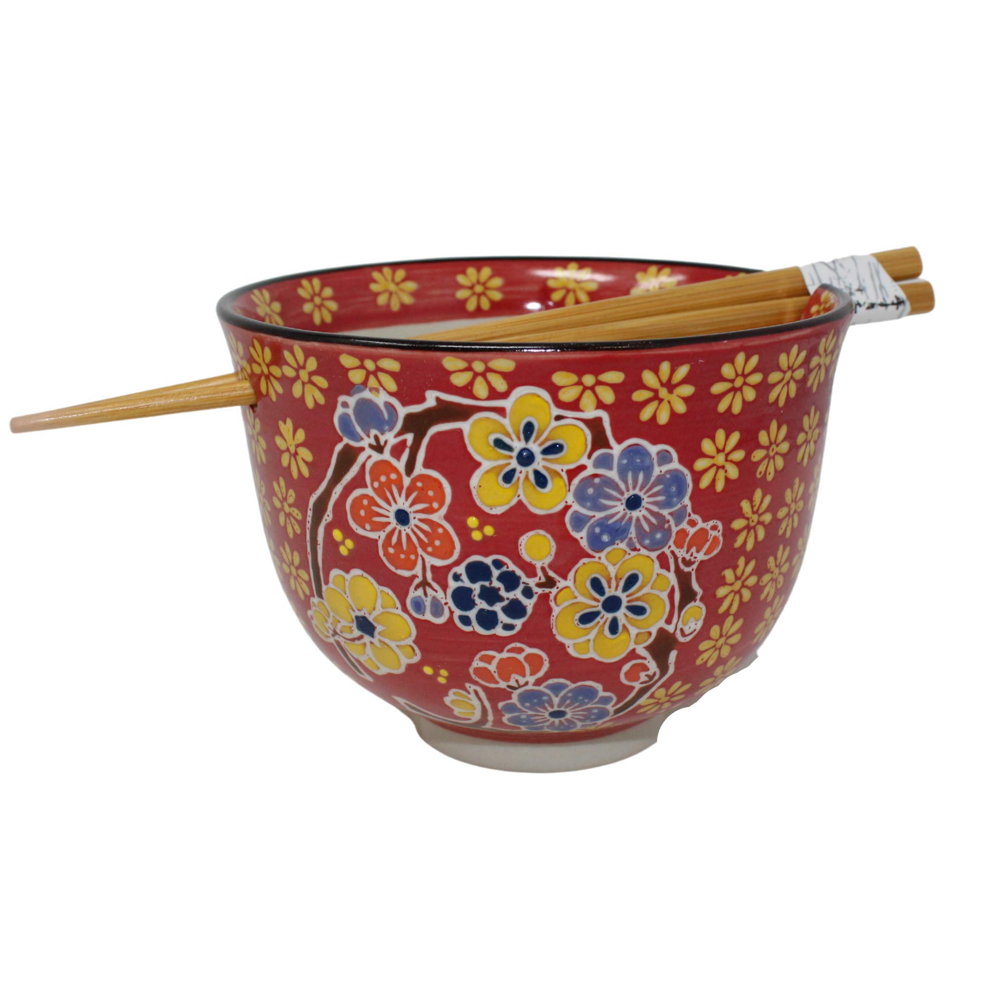 Needzo Red Floral Bowl with Chopsticks Holder and Wood Chopstick Set, Dish for Ramen, Pho, Soup, 5 x 4 Inches