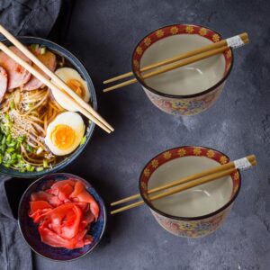 Needzo Red Floral Bowl with Chopsticks Holder and Wood Chopstick Set, Dish for Ramen, Pho, Soup, 5 x 4 Inches