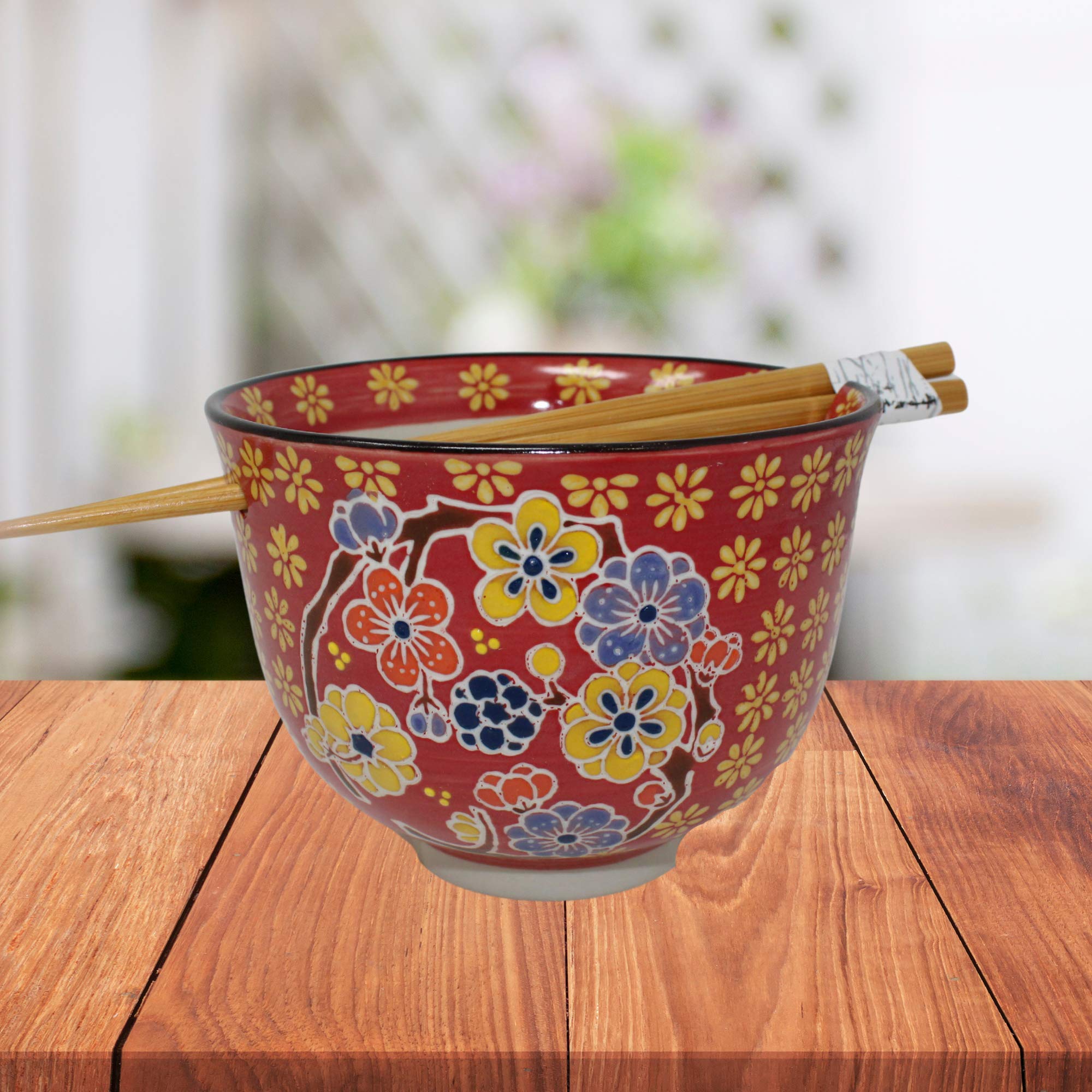 Needzo Red Floral Bowl with Chopsticks Holder and Wood Chopstick Set, Dish for Ramen, Pho, Soup, 5 x 4 Inches