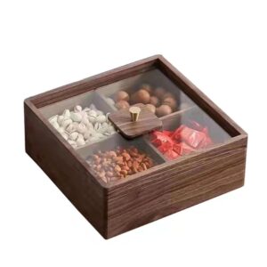 show box solid black walnut wood snack storage container collectable box case for candy and nuts with glass lid cover top, 4 compartments s