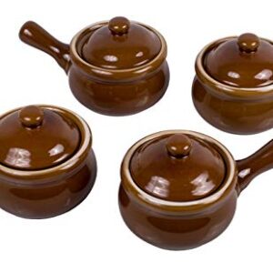 HIC Kitchen French Onion Soup Crock Set with Lids, Set of 4, Brown