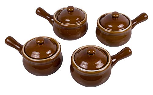 HIC Kitchen French Onion Soup Crock Set with Lids, Set of 4, Brown