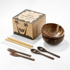 vediverdi coconut bowl set with wooden spoons and forks, reusable bamboo drinking straws, and cleaning brushes, natural organic shells for soup, cereal, thai noodles, rice, and food