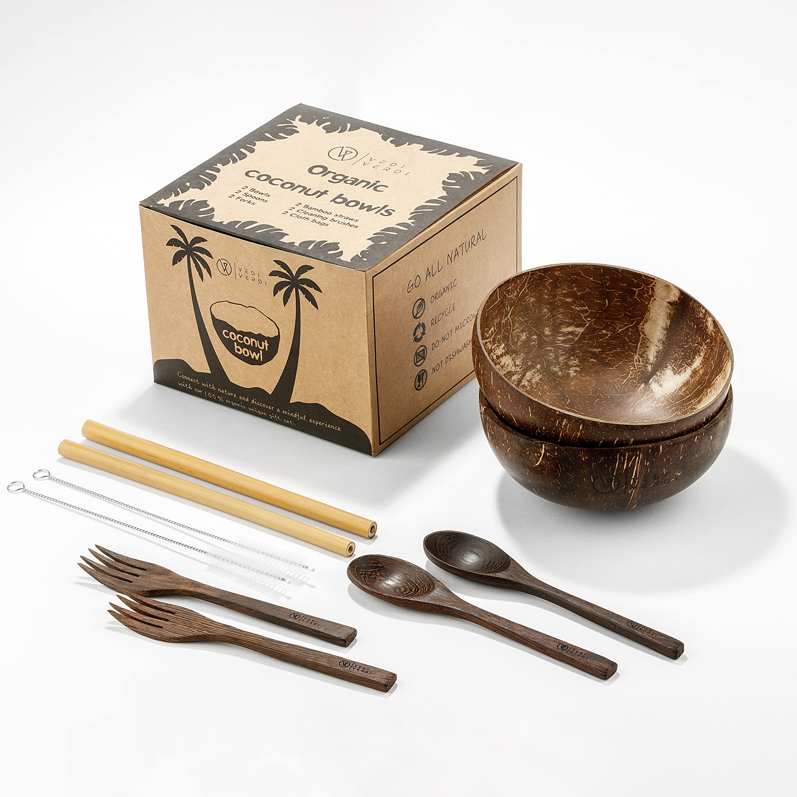 Vediverdi Coconut Bowl Set with Wooden Spoons and Forks, Reusable Bamboo Drinking Straws, and Cleaning Brushes, Natural Organic Shells for Soup, Cereal, Thai Noodles, Rice, and Food