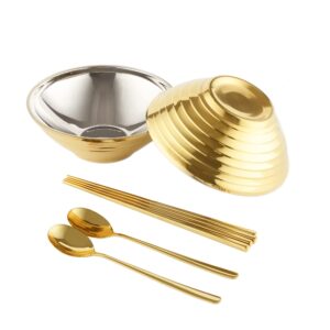 tikitsen gold stainless steel lamian noodles bowl set 2, 7-inch stainless steel double-layer soup bowl, with 2 pairs of chopsticks and 2 pairs of spoons, gold large lamian noodles soup bowl