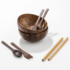 Vediverdi Coconut Bowl Set with Wooden Spoons and Forks, Reusable Bamboo Drinking Straws, and Cleaning Brushes, Natural Organic Shells for Soup, Cereal, Thai Noodles, Rice, and Food