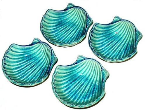 Set of Four Japanese Turquoise Sea Shell Sauce Dishes- Sushi Dipping Bowls