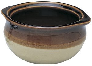 new, 10 oz. (ounce) french onion soup bowl, crock bowl, single-serving, ceramic, two-tone color, flat rim, two-eared rim handle