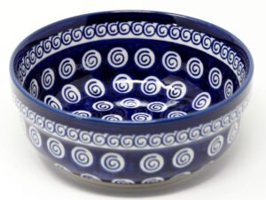 polish pottery bowl 6 inch from zaklady ceramiczne boleslawiec cobalt swirl pattern, height: 2.5" diameter: 6" capacity: 24 oz.
