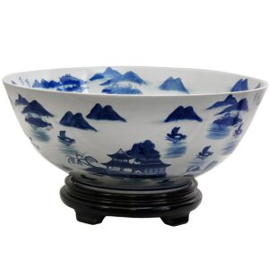 oriental furniture 14" landscape blue & white porcelain bowl