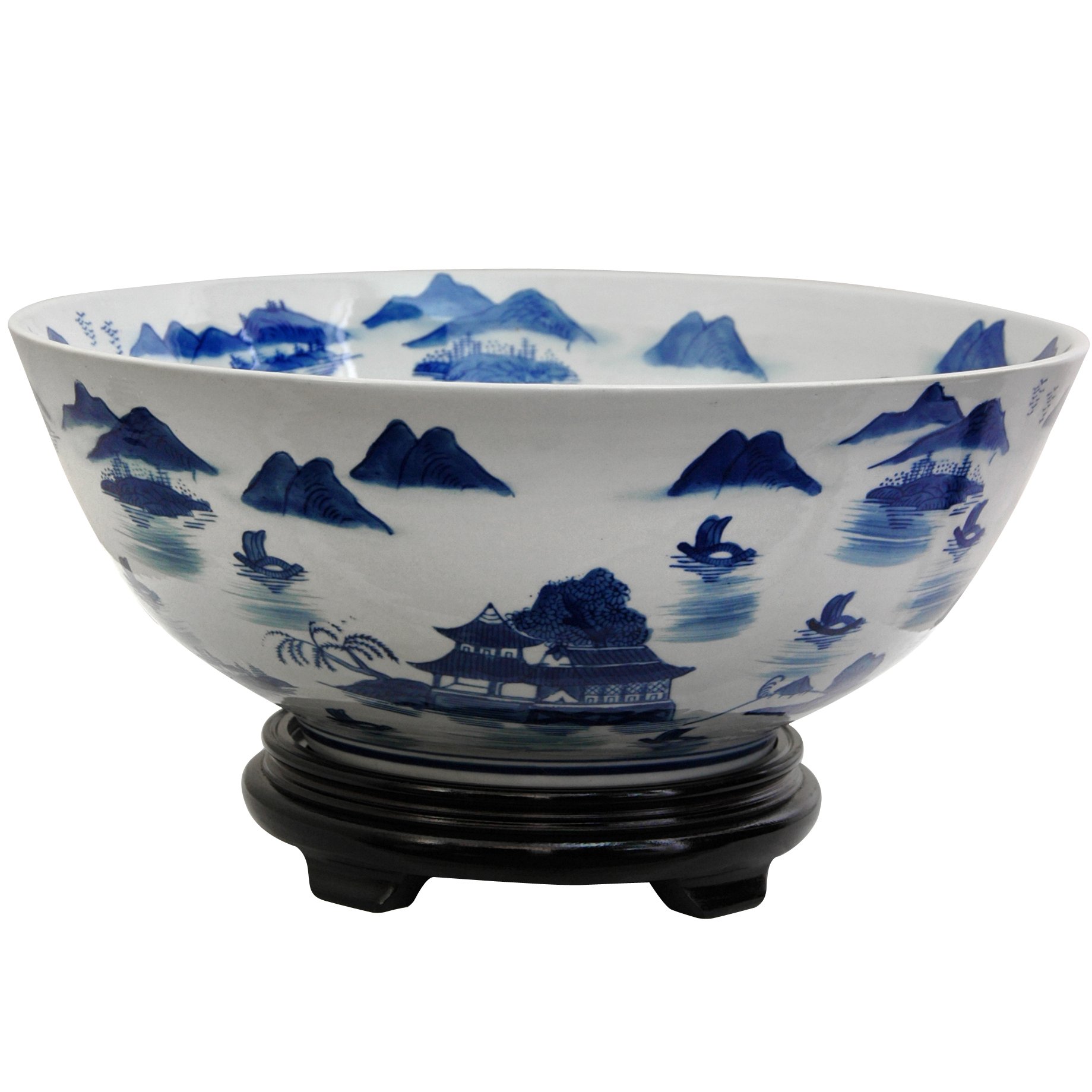 Oriental Furniture 14" Landscape Blue & White Porcelain Bowl