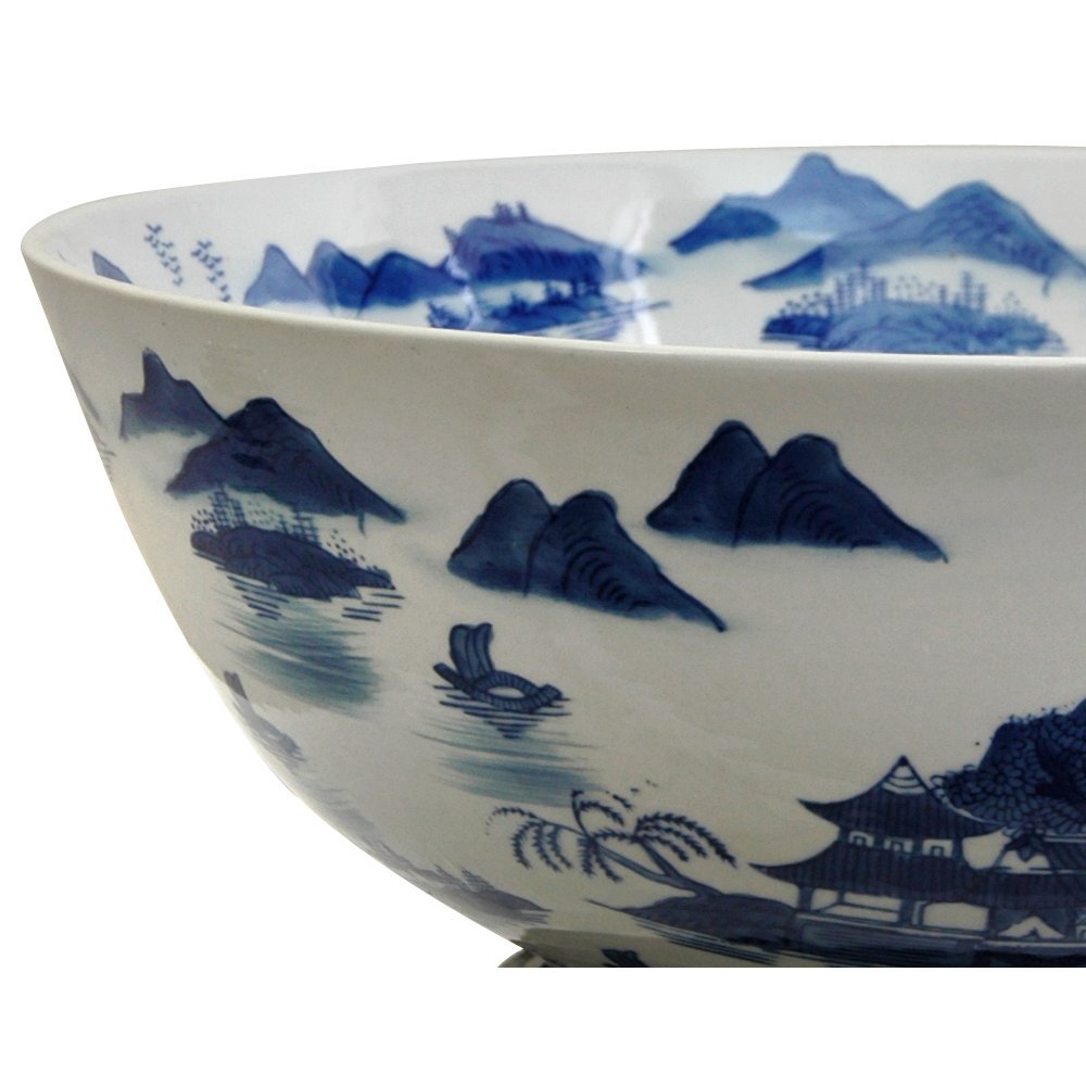 Oriental Furniture 14" Landscape Blue & White Porcelain Bowl