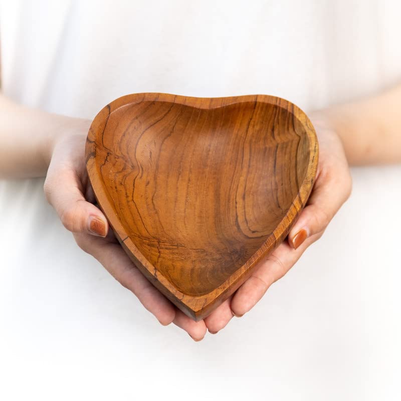 Rainforest Bowls Set of 2 Javanese Teak Wood Heart Bowls- 5" Diameter- Perfect for Daily Use, Hot & Cold Friendly, Ultra-Durable- Exclusive Luxury Custom Design Handcrafted by Indonesian Artisans