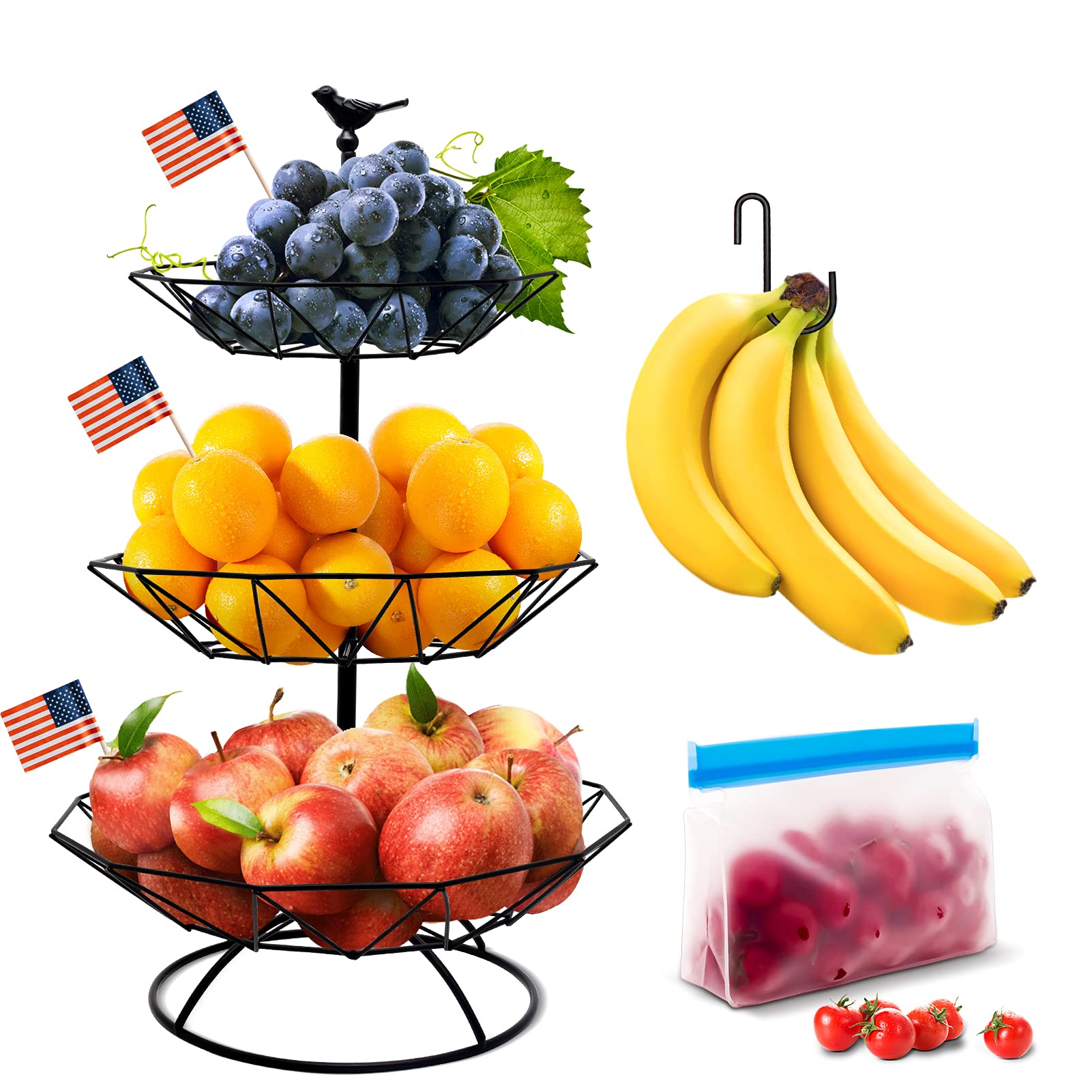 Homlab Fruit Basket for Kitchen-Countertop Detachable Vegetables-Storage 3-Tier Fruit Bowl for Counter Fruit Holder Metal Banana Holder Organizer with Banana Hanger & Reusable Storage Bag(Black)