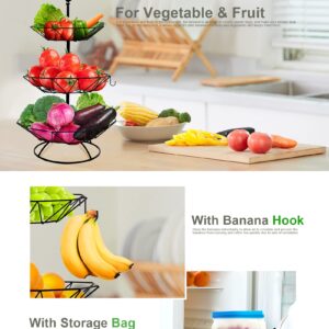 Homlab Fruit Basket for Kitchen-Countertop Detachable Vegetables-Storage 3-Tier Fruit Bowl for Counter Fruit Holder Metal Banana Holder Organizer with Banana Hanger & Reusable Storage Bag(Black)